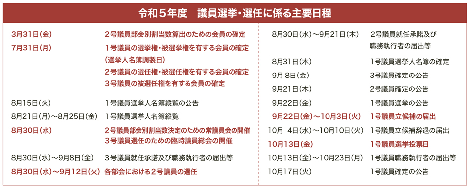 議員選挙・選任に係る主要日程